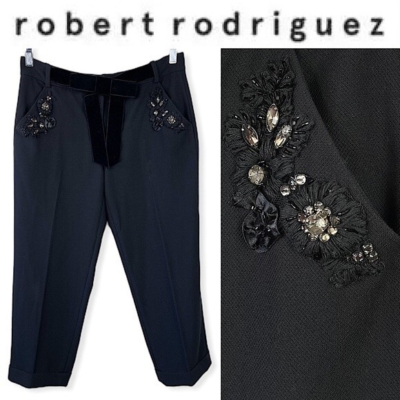 Robert Rodriguez Black Crop Ankle Dress Pants Embellished Embroidered Velvet 6 - Picture 1 of 14